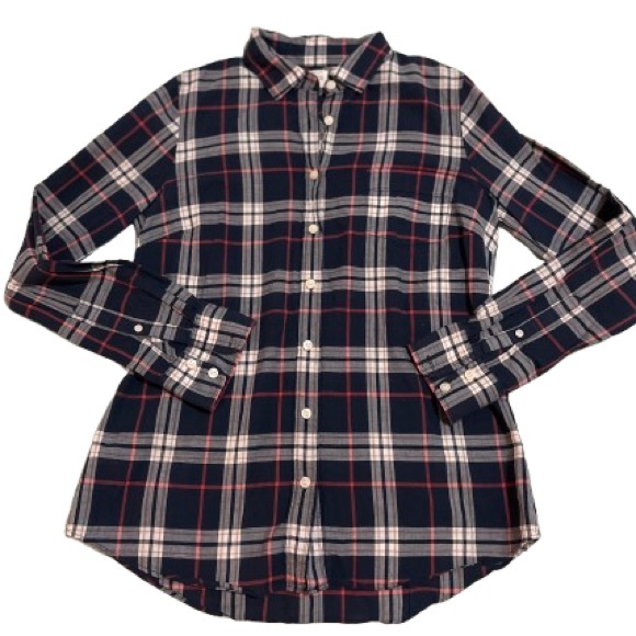 J. Crew Tops - J Crew Plaid Button-Down Shirt - Navy and Coral Sz S